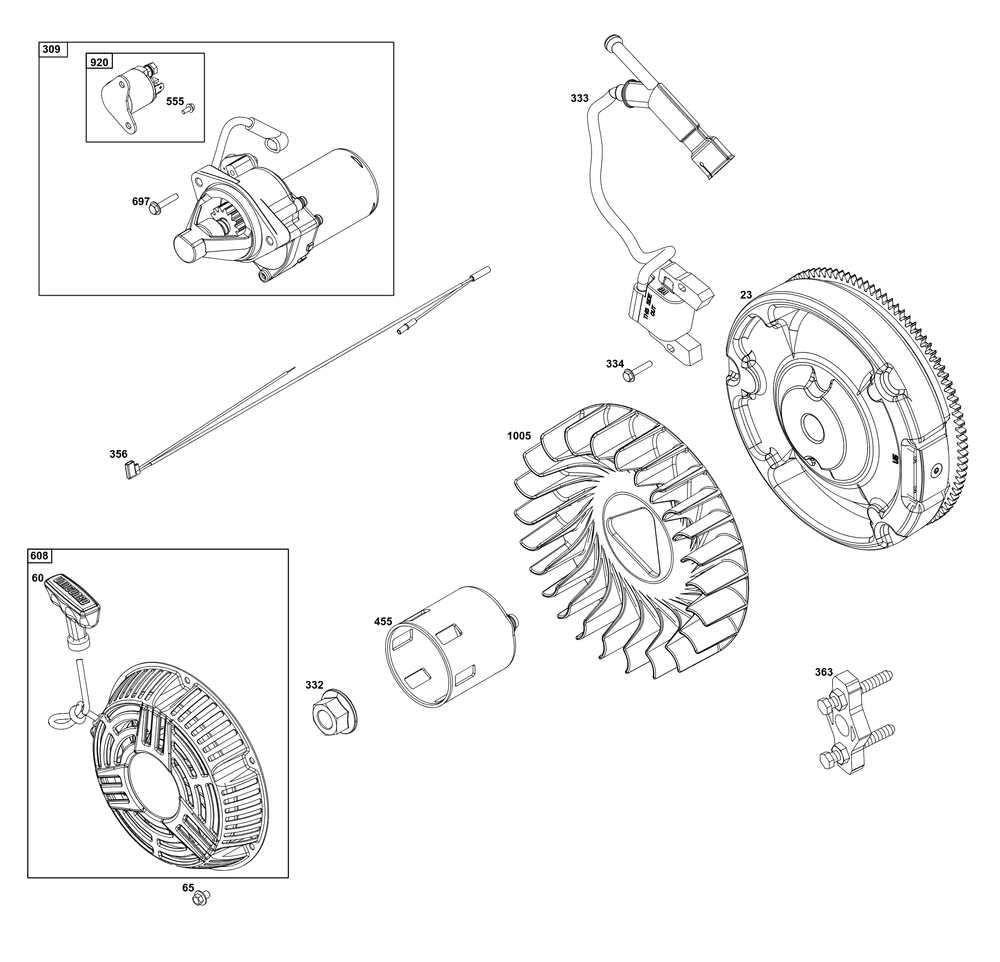 Flywheel, Ignition, And Starter Group Diagram and Parts List for 25V337-0055-F1 200000 - 399999 Briggs and Stratton Engine
